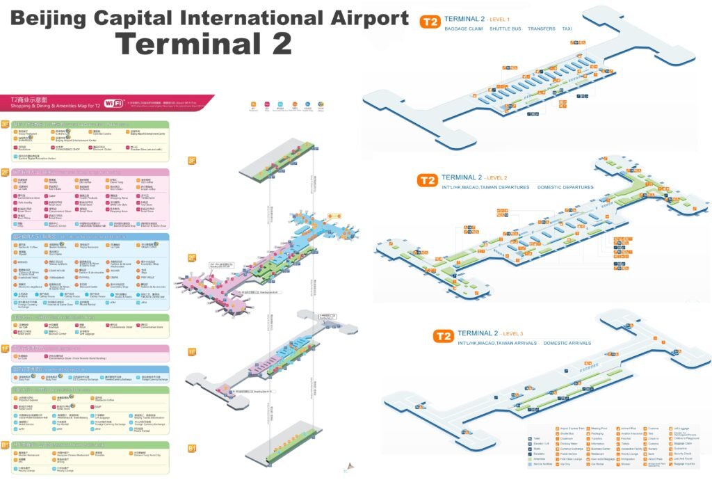 The map below highlights key areas in Terminal T2 for travelers flying from NYC to Beijing.