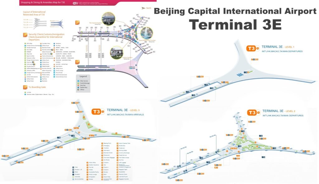 The map below highlights key areas in Terminal T3 for travelers flying from NYC to Beijing.