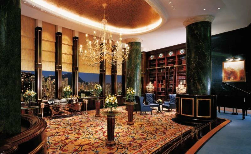 Grand lobby with Chinese silk artwork at Island Shangri-La Hong Kong, a luxurious gem among the best hotels in HK