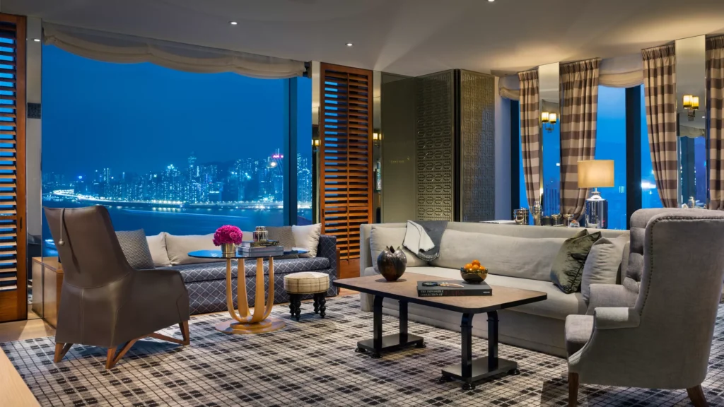 Artfully designed room at Rosewood Hong Kong, blending elegance and harbor views in one of HK’s top luxury hotels.