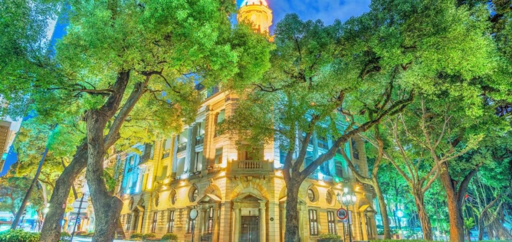 European-style architecture on Shamian Island in Guangzhou, a historical area with scenic streets.