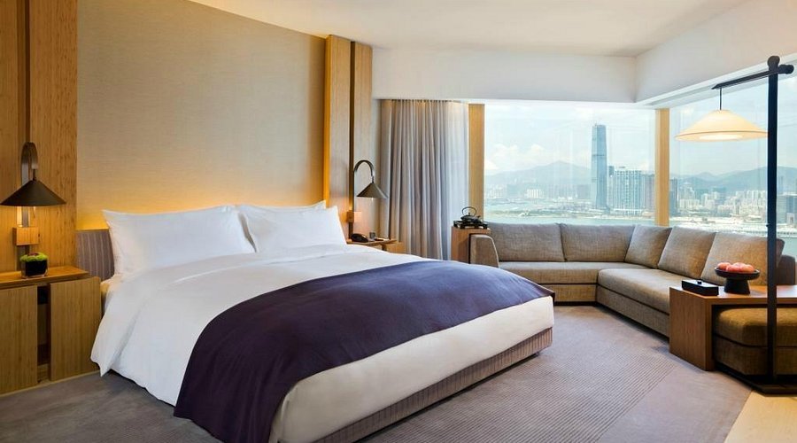 Minimalist room with Hong Kong Island views at The Upper House, a serene luxury retreat among hotels in Hong Kong.