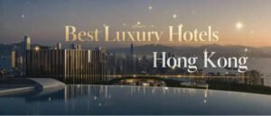 Stunning Victoria Harbour view with luxury hotels in Hong Kong at night
