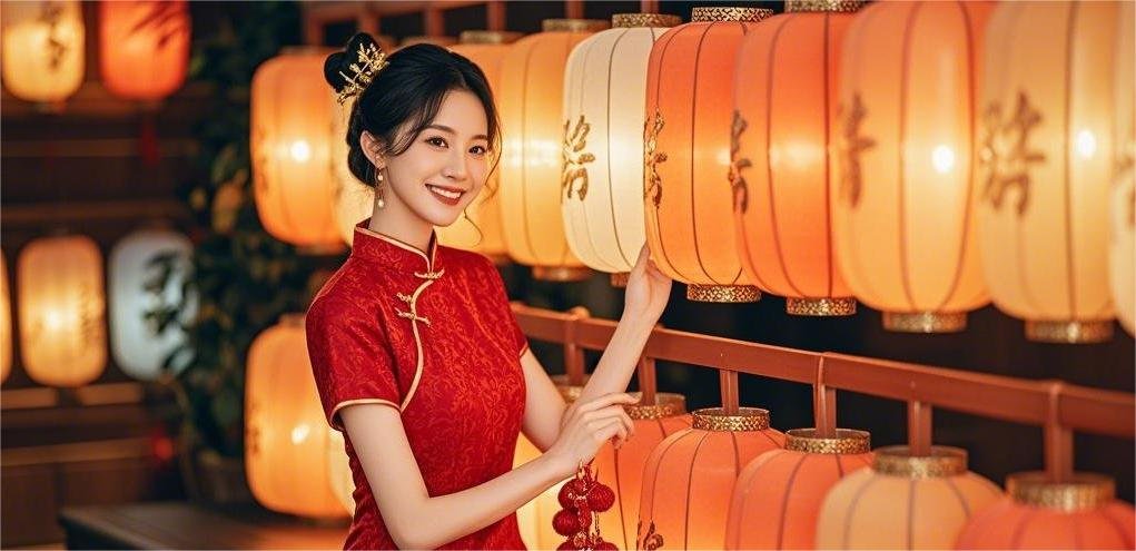 Woman wearing a red cheongsam to celebrate Chinese New Year.