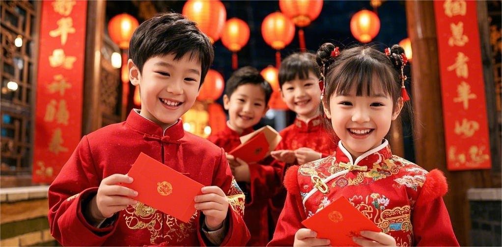 Children dressed in Chinese New Year outfits holding red envelopes