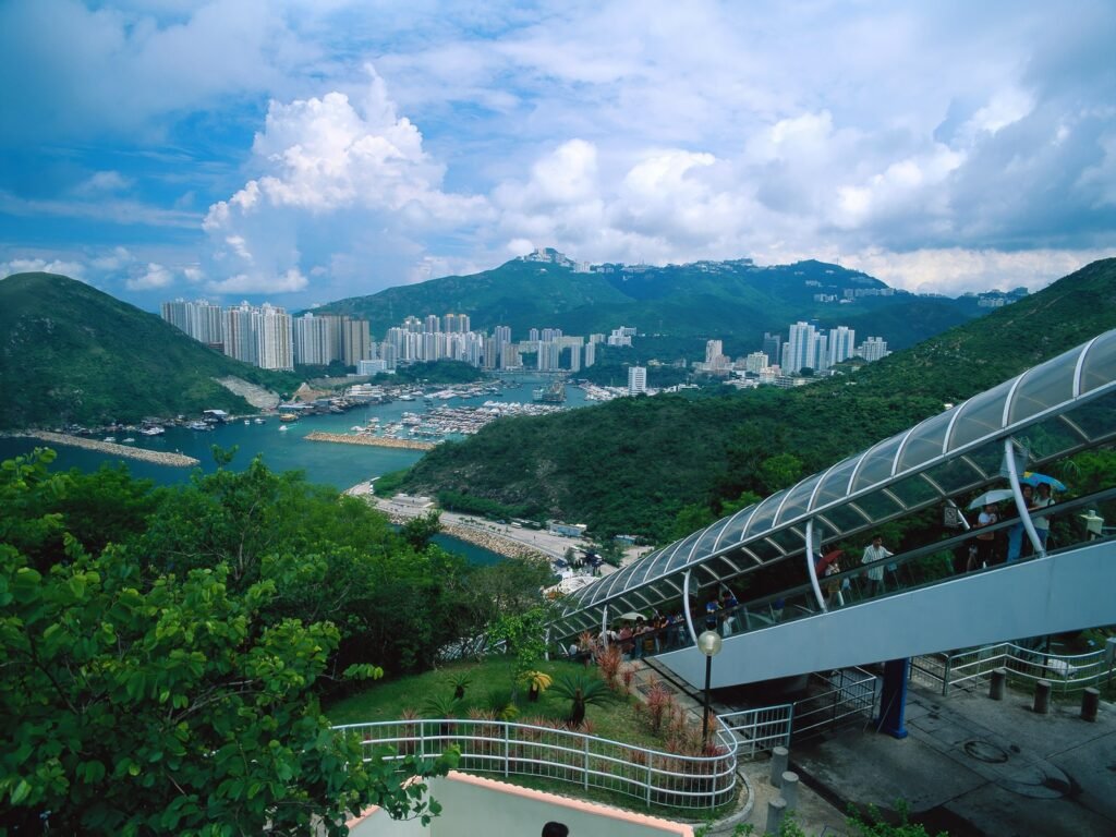 Exploring Hong Kong Island attractions: Mid-Levels escalators with stunning views of the city.