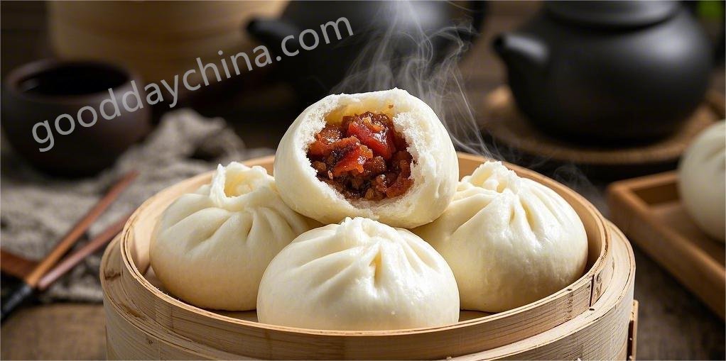 BBQ pork buns with rich, flavorful filling inside soft steamed buns