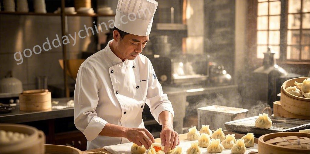 A dim sum chef delicately folds shrimp dumplings with precision