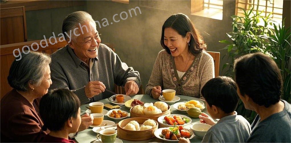 A family enjoying traditional dim sum together at a Cantonese restaurant