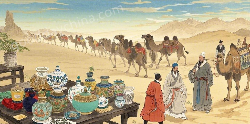 A historical depiction of merchants dining along the Silk Road