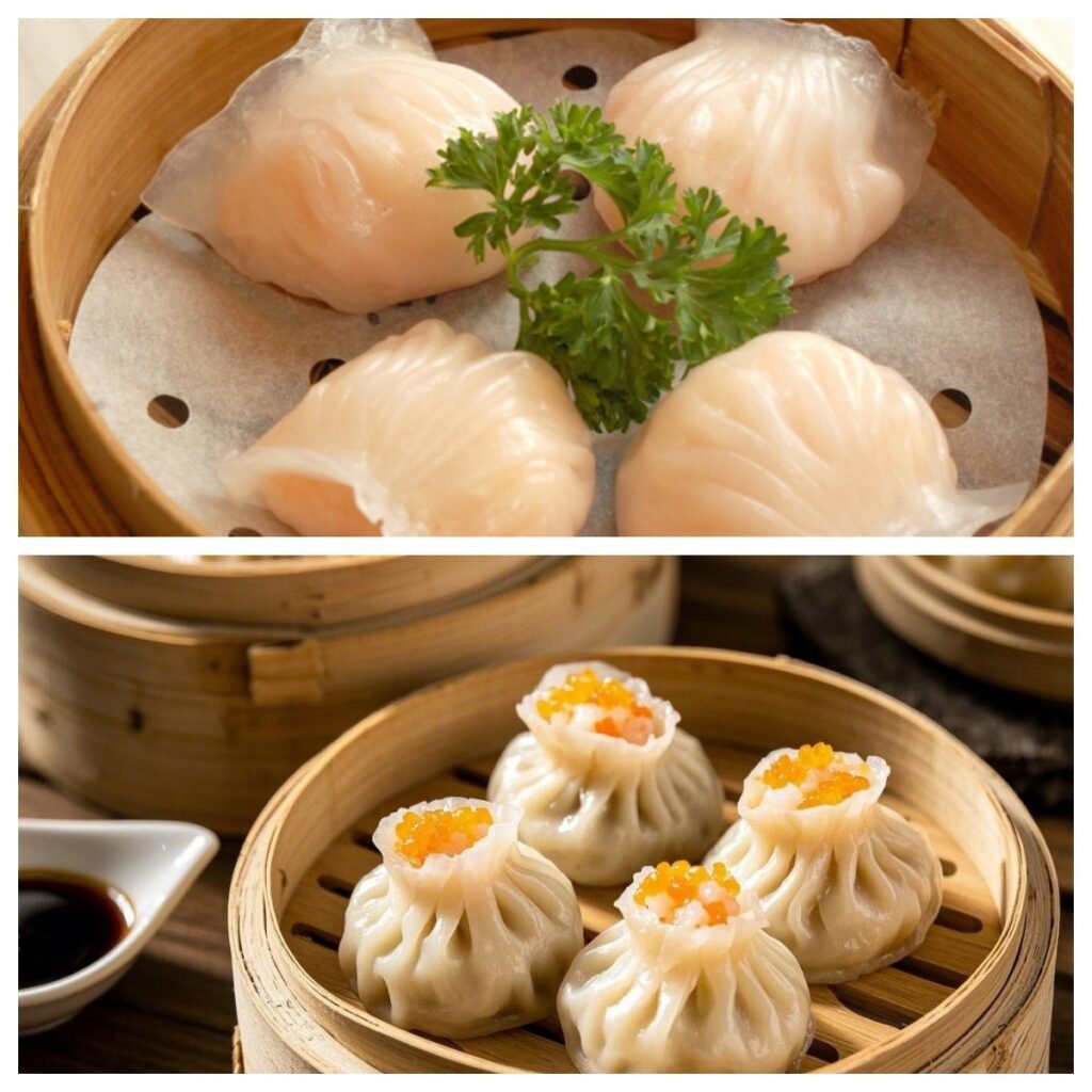A traditional dim sum basket featuring shrimp dumplings (har gow) and siu mai